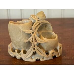 Vintage Chinese Carved Soapstone Double Vase Brush Pot with Floral Motif